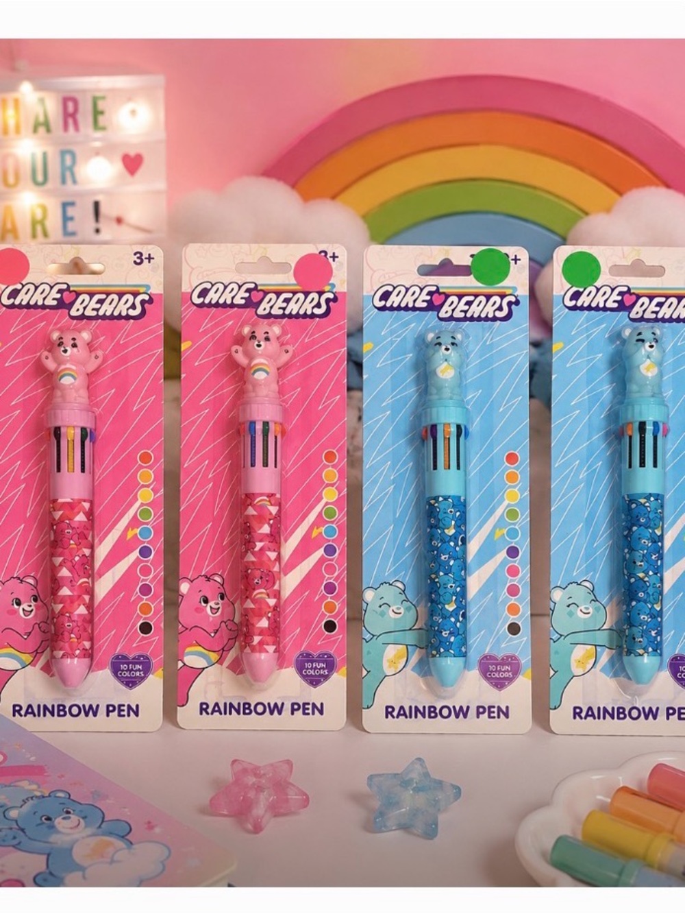 Care Bears Pink & Blue Rainbow Multi-Color Click Pens Set (set of 4)